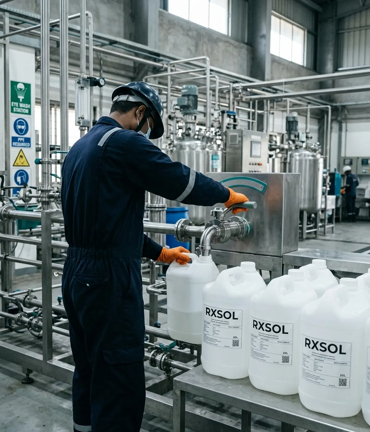 RXSOL chemical containers in a plant workshop